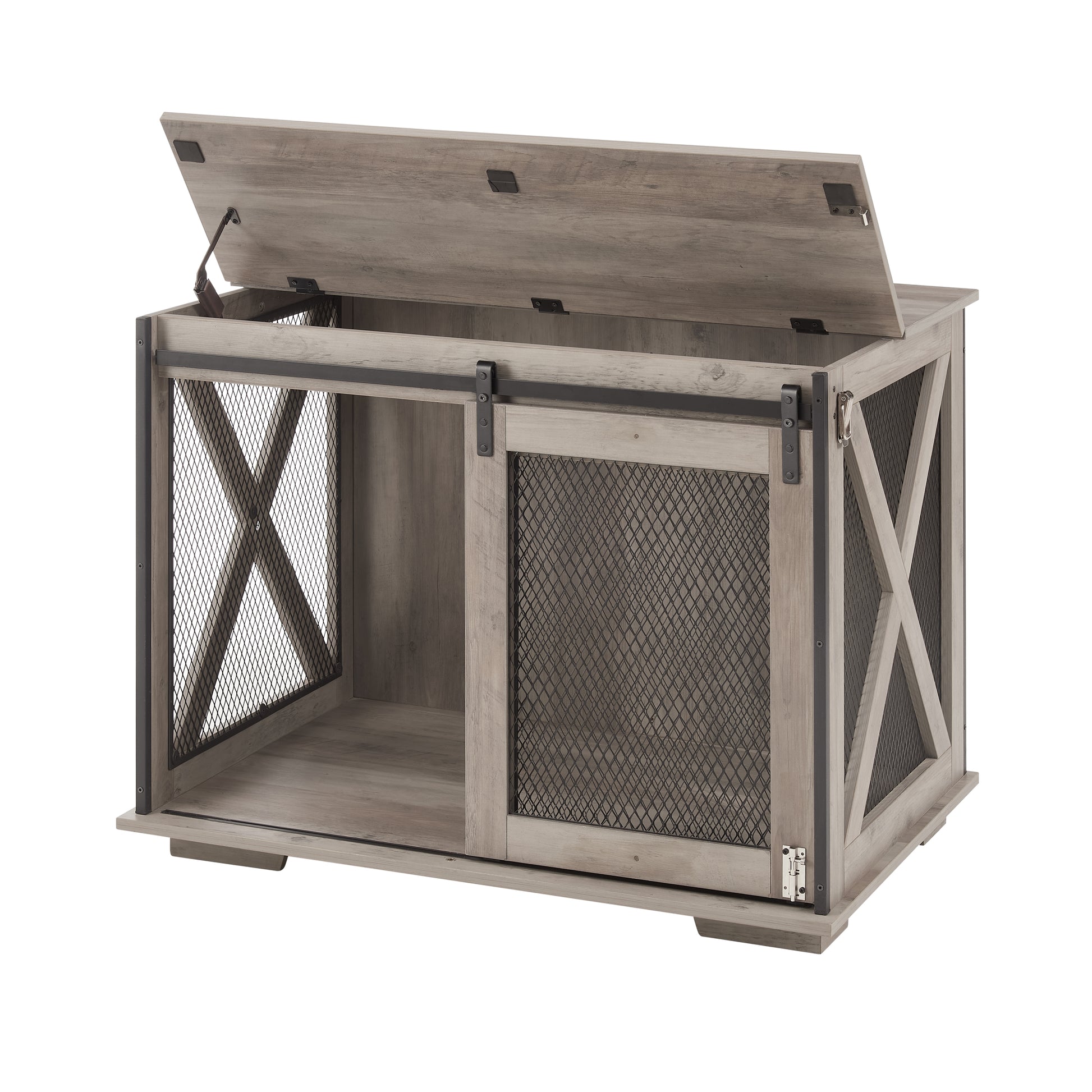 Hollo Farmhouse Crate – Gray Dog Kennel Table with Sliding Barn Door & Flip - Top Divider - JUSTLIVE NESTJUSTLIVE NEST