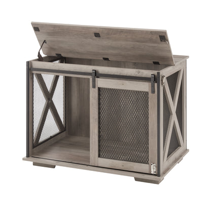 Hollo Farmhouse Crate – Gray Dog Kennel Table with Sliding Barn Door & Flip - Top Divider - JUSTLIVE NESTJUSTLIVE NEST