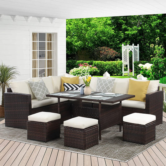 Solvara 7-Piece Dining Sectional – Ivory PE Wicker Sofa Set with Cushions & Central Table