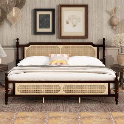 Ravella King Bed – Espresso Pine Frame with Rattan Headboard & Footboard