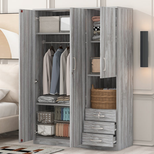 Braylin 2-Door Wardrobe – Gray Closet with Shelves and 3 Drawers