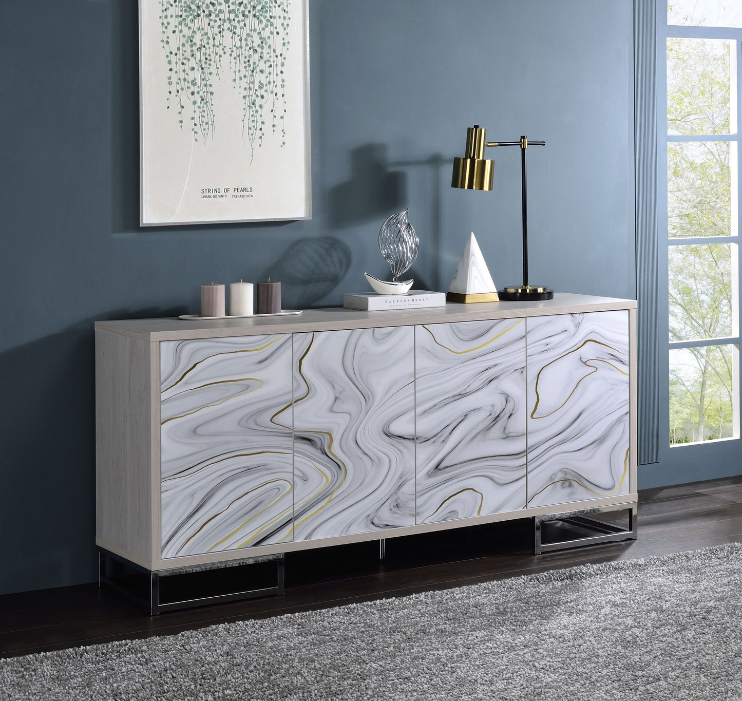 Panora Console – White Marble Paint & Chrome Finish Cabinet Console