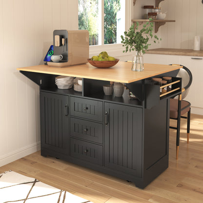 K&K Folda Island – 55.7'' Black Cart with 2 Drop Leaves, 3 Drawers, Power & Rack Storage