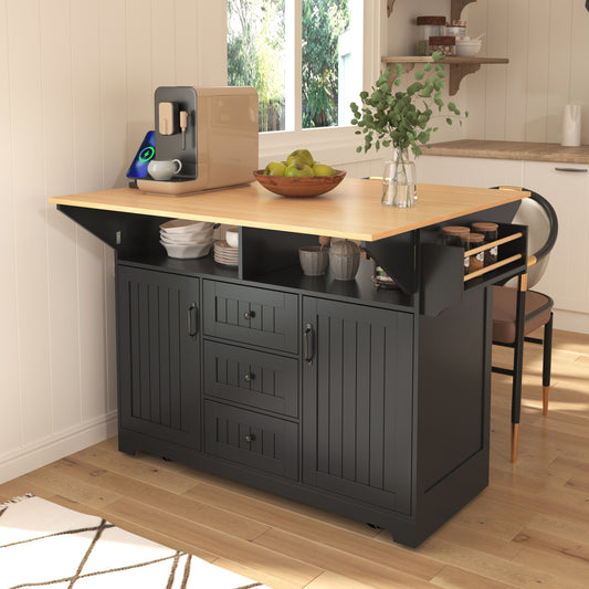 K&K Folda Island – 55.7'' Black Cart with 2 Drop Leaves, 3 Drawers, Power & Rack Storage