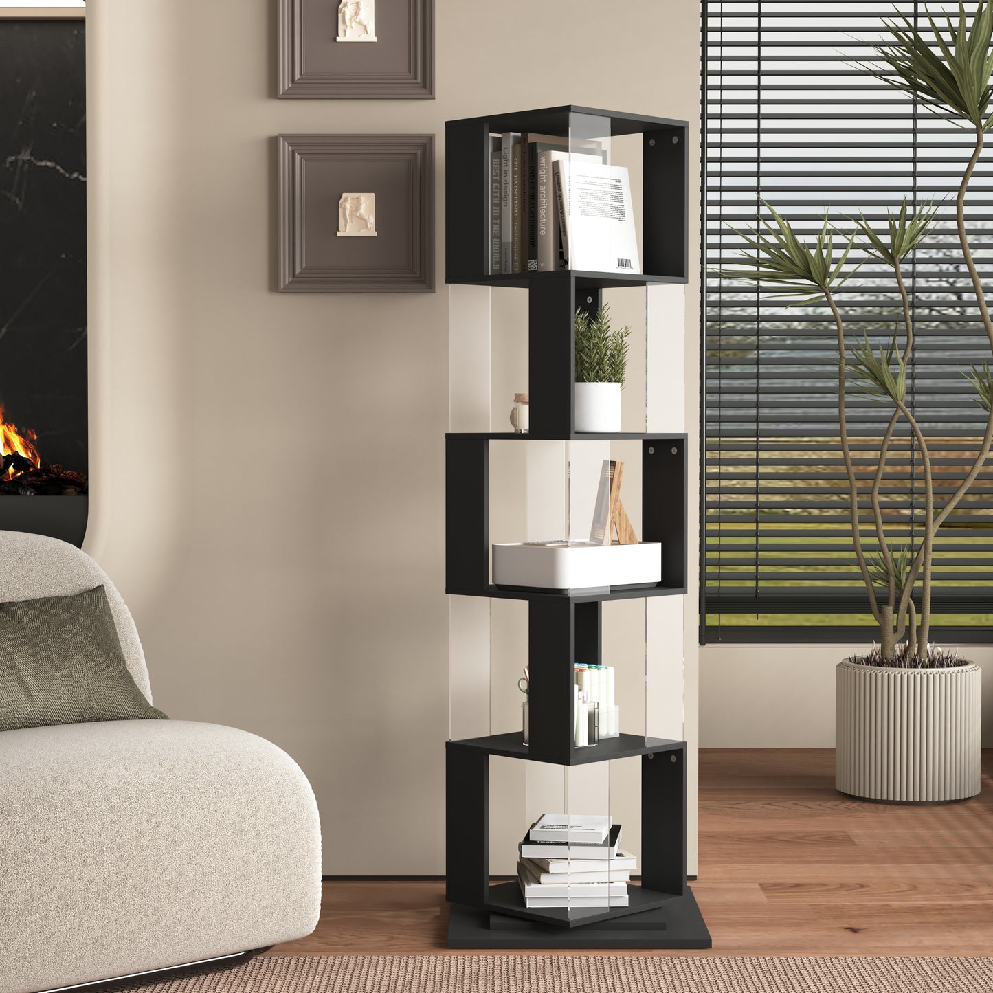 Revolta Bookshelf – 5-Tier Rotating Rack with Clear Panels