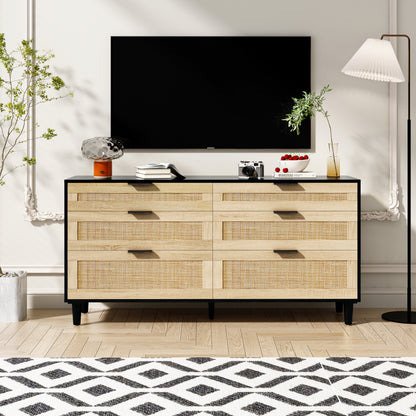 XL 6‑Drawer Dresser – Black Rattan-Front Cabinet, Bedroom or Hallway Storage