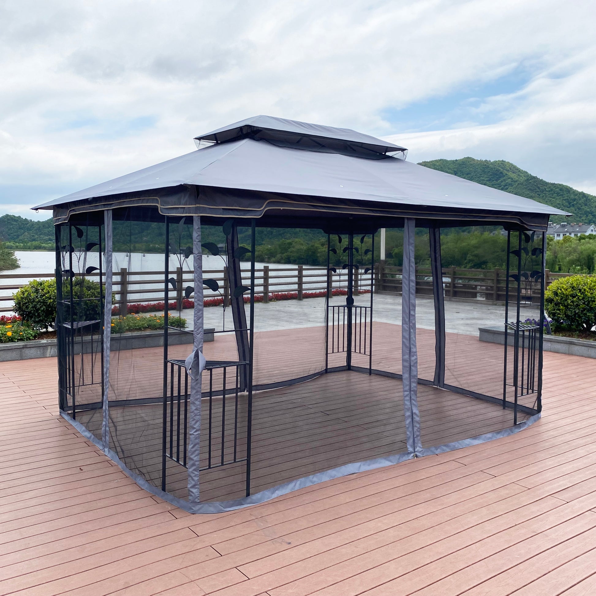Aurelia 13x10' Soft - Top Gazebo – Double Roof Garden Pavilion with Mosquito Netting (Gray Canopy) - JUSTLIVE NESTJUSTLIVE NEST