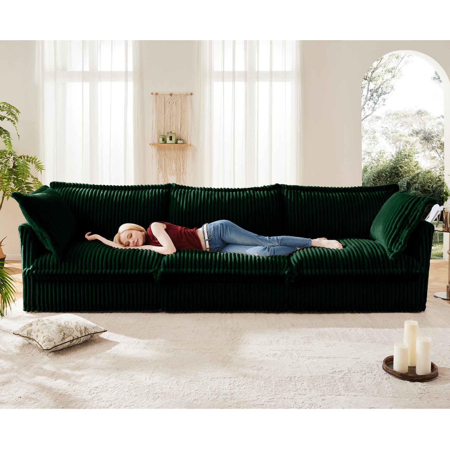 JUSTLIVE ‘Comfina Luxe” Sofa – Green Corduroy | Slipcover 3-Seat + Deep Cushion + Big Cozy Pillows