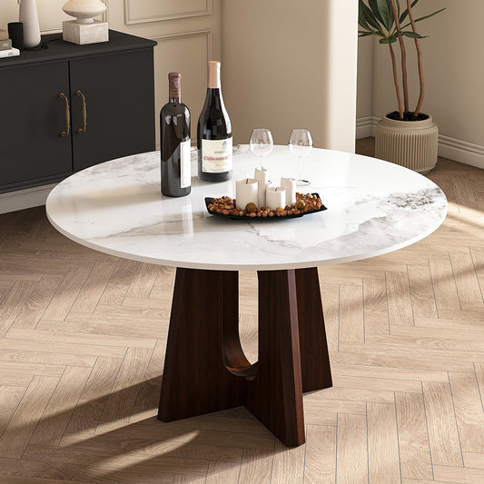 Maroa 53'' Round Dining Table – Sintered Stone Top with Walnut Cross Base (Table Only)