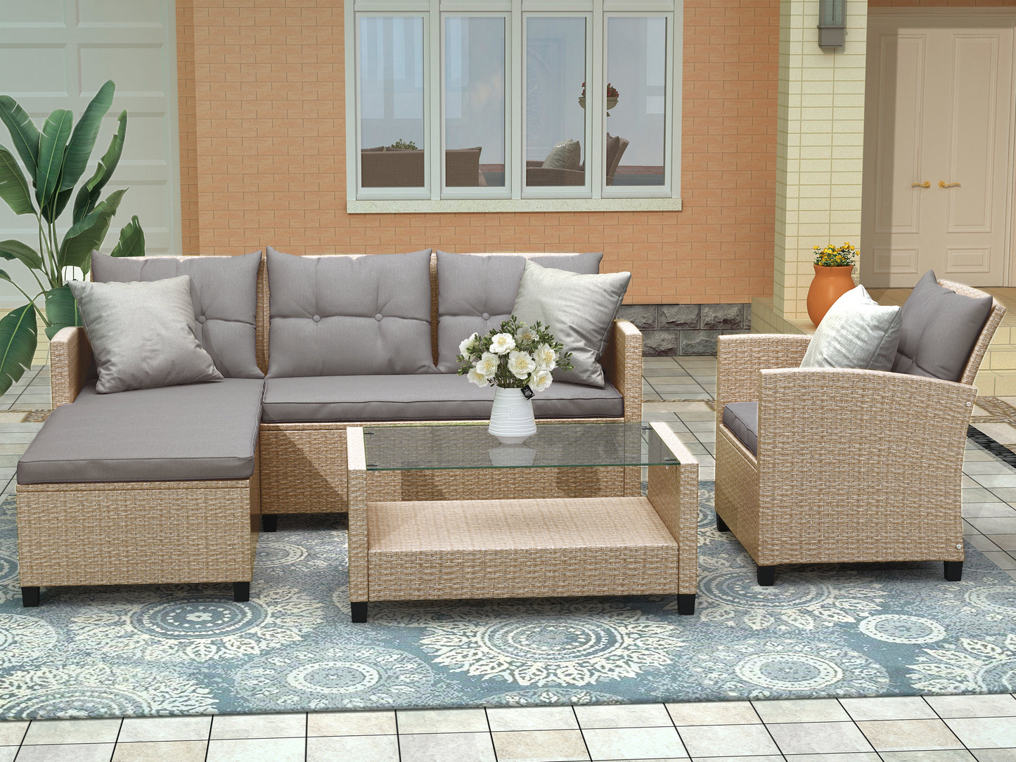 U_Style 4-Piece Wicker Set – Beige & Brown Patio Sectional with Cushions for Balcony or Garden