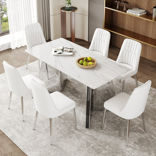 Eirian 63" Luxe Dining Set – Snowmount Sintered Stone Table with 6 Glazia Silver-Leg Chairs