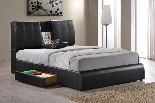 Kozen King Bed – Black Synthetic Leather Frame with Underbed Storage Drawers
