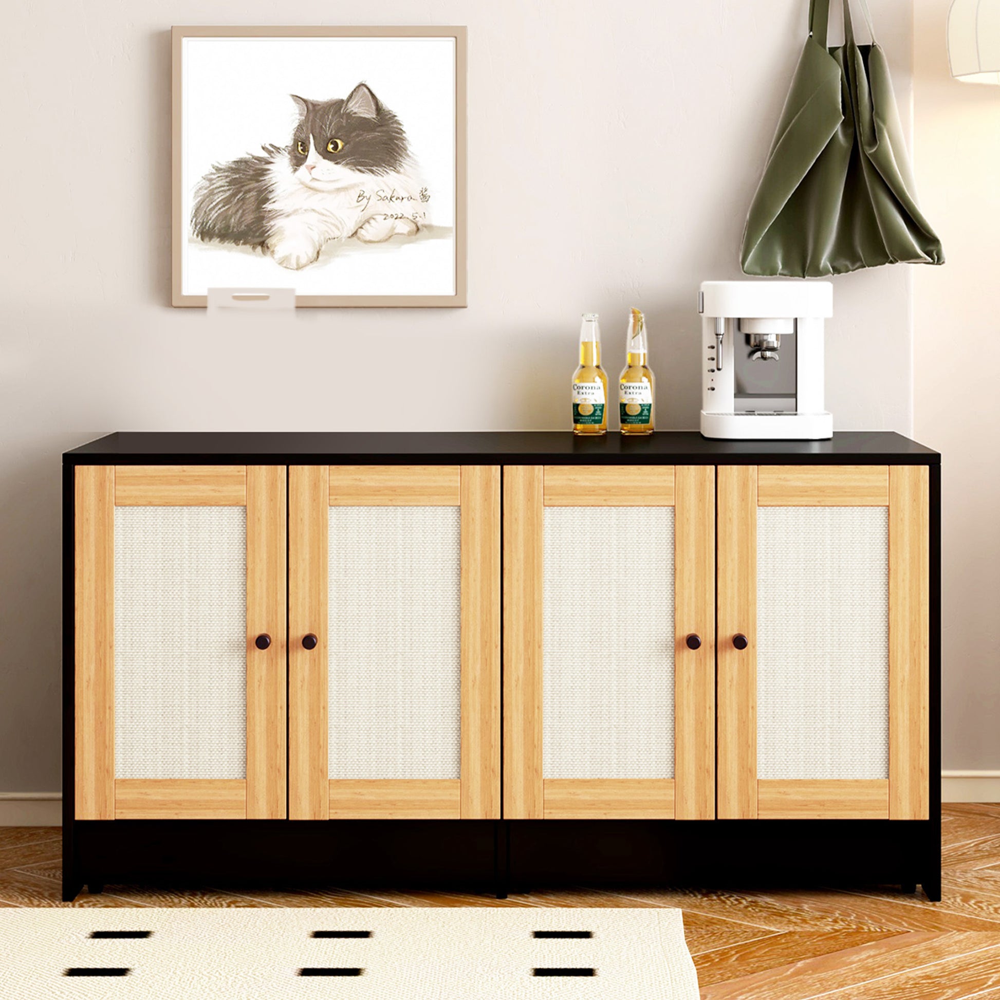 Nuvio Double Litter Enclosure – Black Hidden Cat Box Cabinet with Rattan Doors (Fits 2 Cats) - JUSTLIVE NESTJUSTLIVE NEST