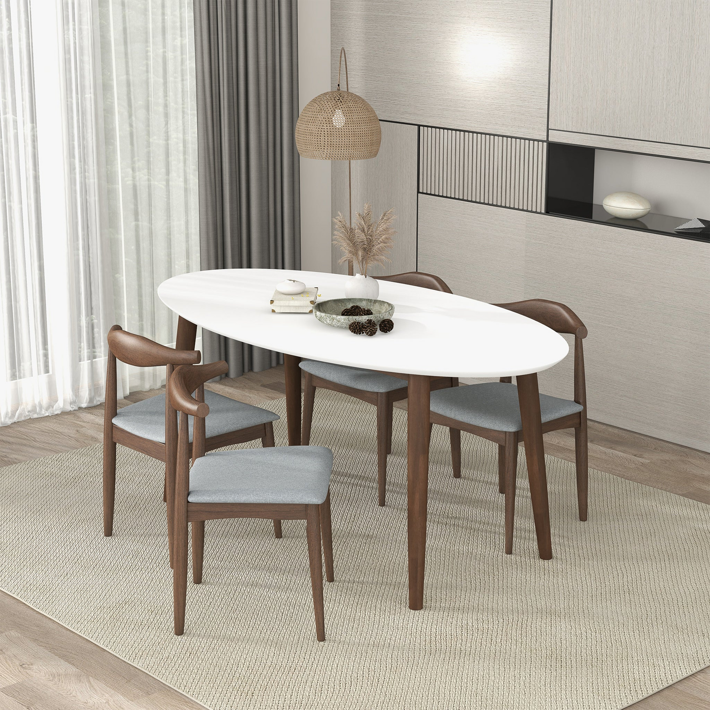 Ada Oval Dining Table Set – White Wood Top with 4 Mid-Century Wood Chairs