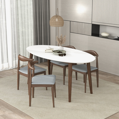 Ada Oval Dining Table Set – White Wood Top with 4 Mid-Century Wood Chairs