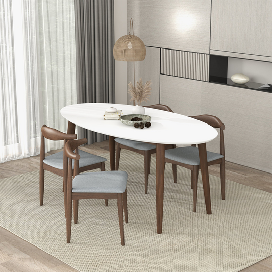 Ada Oval Dining Table Set – White Wood Top with 4 Mid-Century Wood Chairs