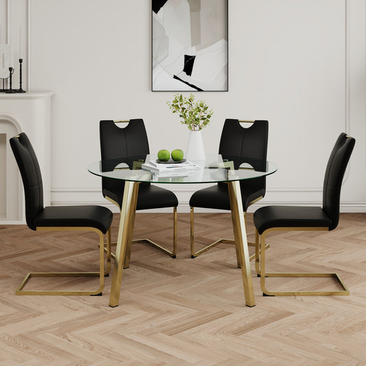 Avera 5-Piece Glass Round Dining Set – Black PU Chairs with Gold-Plated Legs, Sleek Clear Table