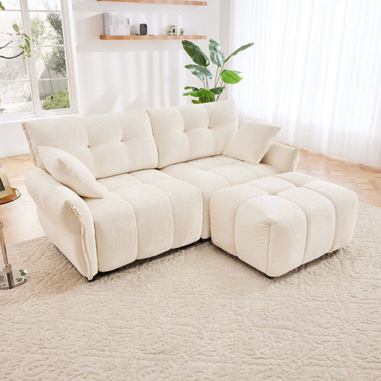 2-Seat Lounge + Ottoman – White Chenille Minimalist Sofa Set with Textured Upholstery
