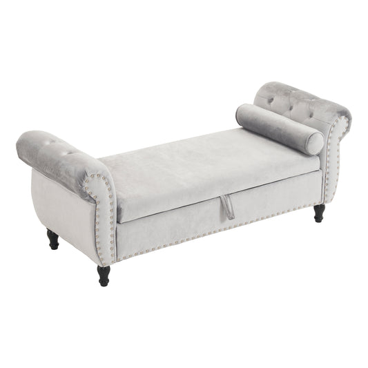 Rovina Bench – Gray Velvet Storage Bench with Accent Pillow