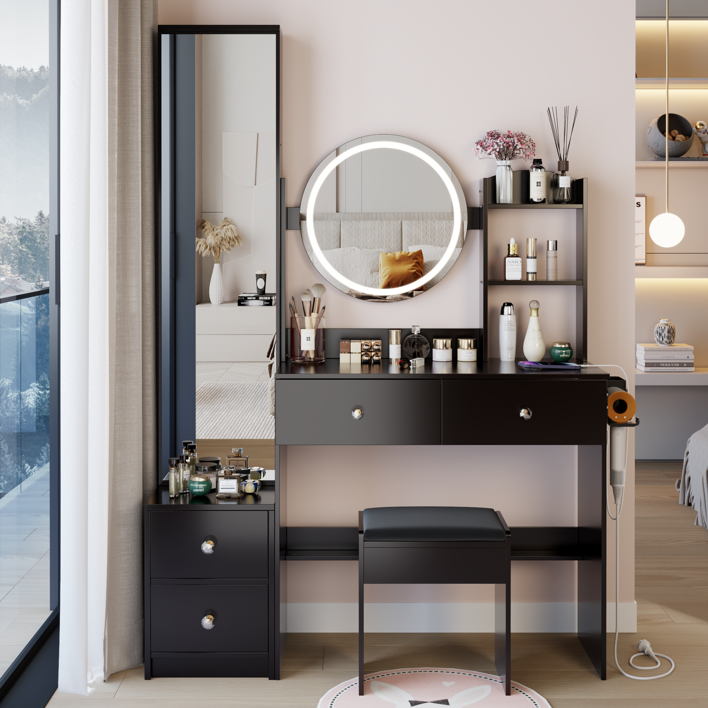 Glowera Fusion Suite – LED Vanity Table with Full Body Mirror Cabinet & Touch Round Mirror