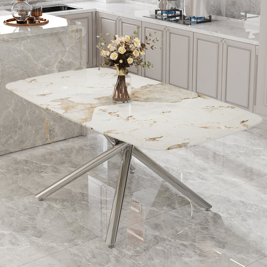 Veyla 63'' Rectangular Dining Table – Faux Marble Top with Silver Metal Legs