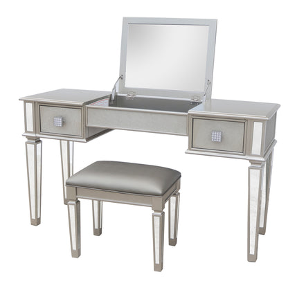 Glistra Silver Flip – Mirrored Vanity Desk with Hidden Mirror Top, Glass Accents & Stool