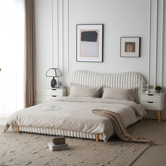 Bouclora Queen Bed – Sleek White Boucle with Wavy Vertical-Stitched Headboard