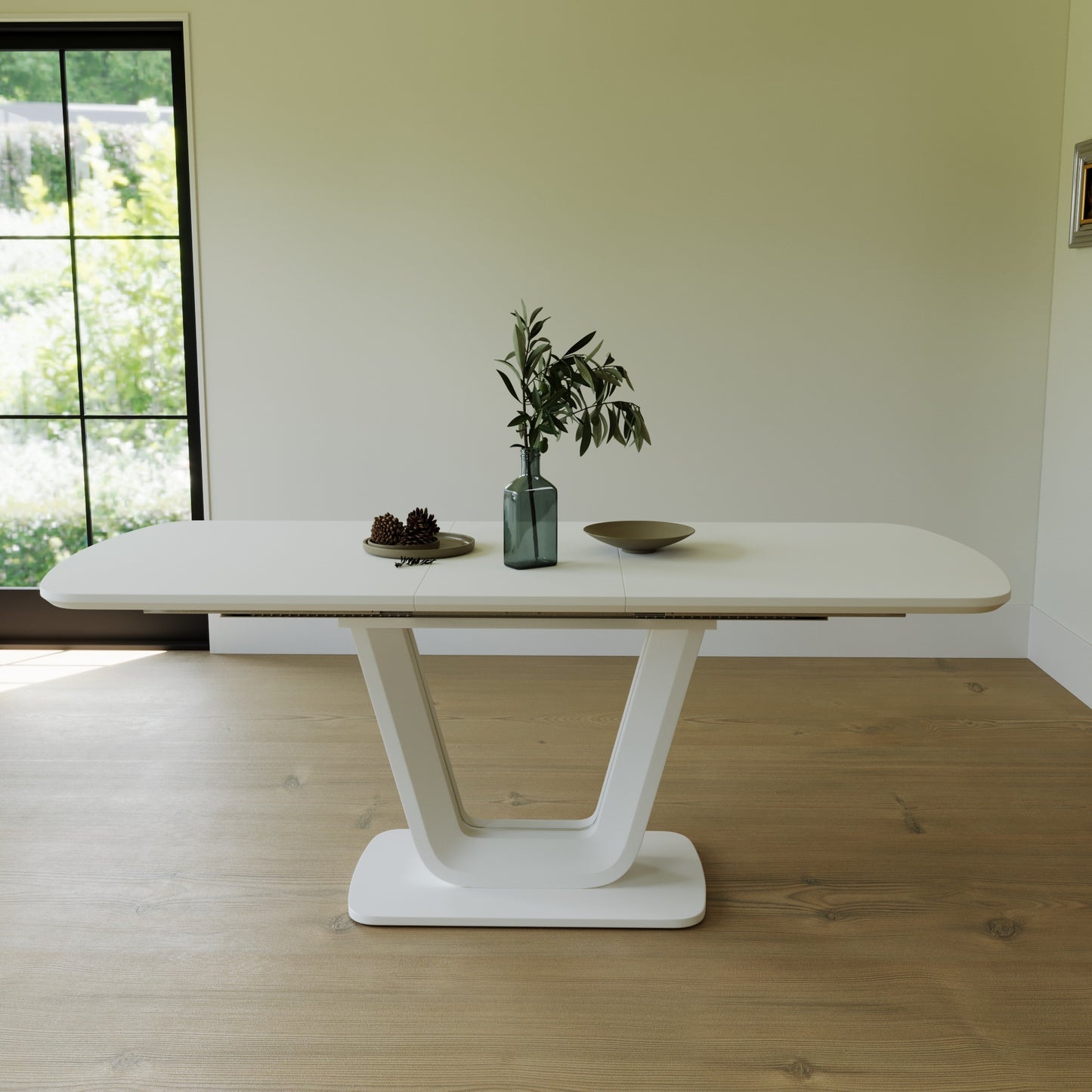 Velani Expandable Dining Table – White MDF Tabletop with U-Shaped Industrial Legs