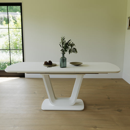 Velani Expandable Dining Table – White MDF Tabletop with U-Shaped Industrial Legs