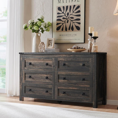 Timberfold 6‑Drawer TV Dresser – Rustic Oak Chest with Wide Top for Closet or Living Room Use