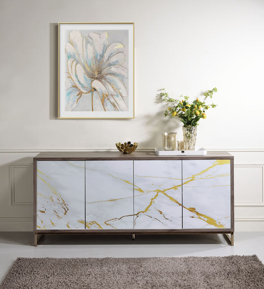 Paavara Console – Oak & Champagne Cabinet with White Marble Paint Finish