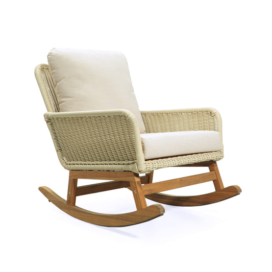 Avya Rocker Chair – Ivory Wicker Design with Soft Cushions & Wood Frame (Indoor/Outdoor)