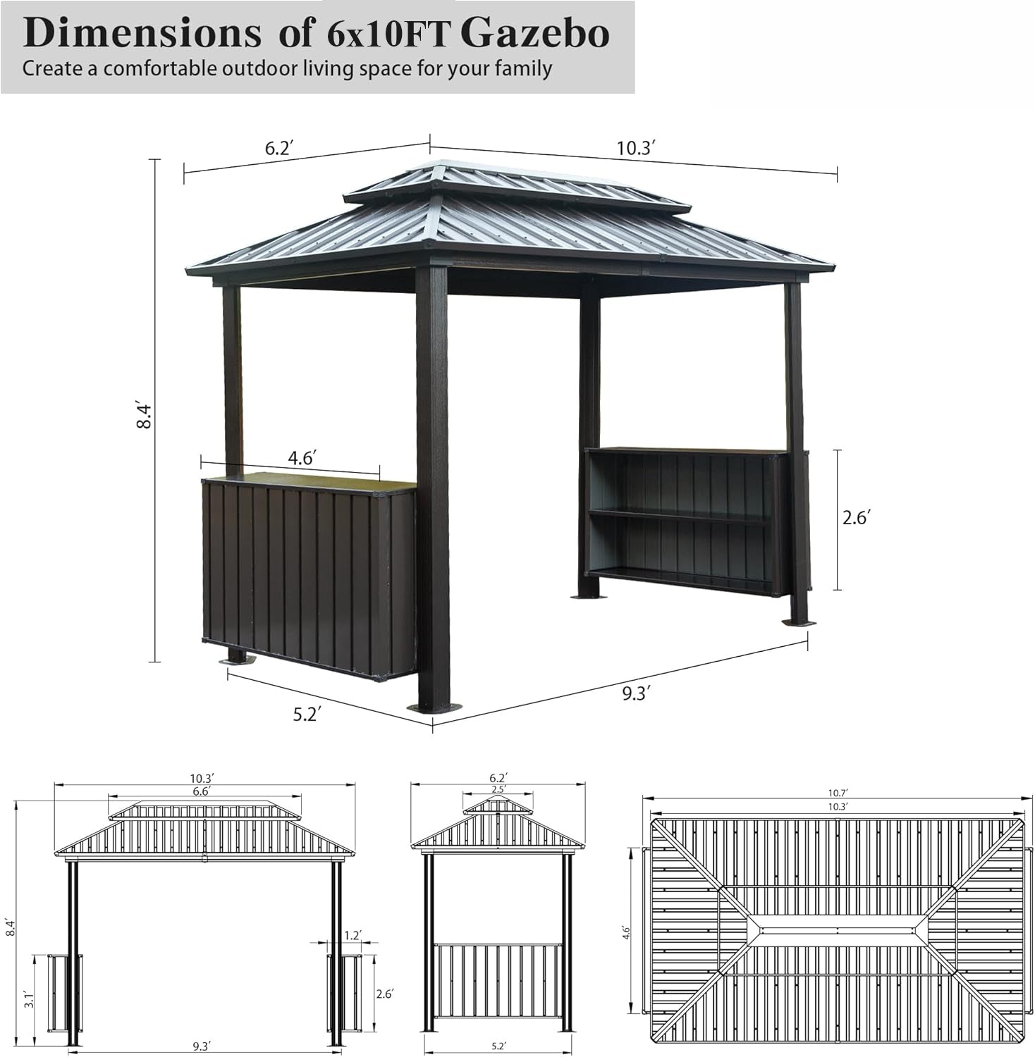 Grillan 6x10' BBQ Gazebo – Hardtop Grill Shelter with Steel Roof, Cabinets & Hooks (Brown) - JUSTLIVE NESTJUSTLIVE NEST