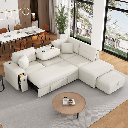 CoveLuxe™ 86' Relax Lounger – Convertible Beige Sofa with Smart Armrest & Modular Footrest