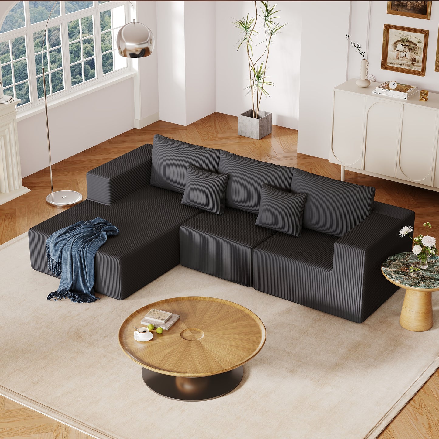 108' Deep Grey Lounge – Ribbed Plush Comfort Sofa with Extended Relax Seat