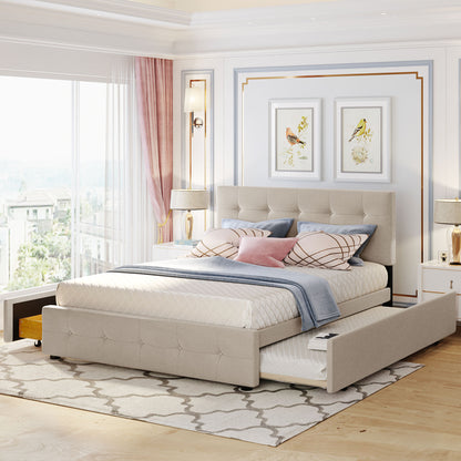Nestyl Trundle Bed – Dark Beige Queen Platform with Drawers + Twin XL Pullout