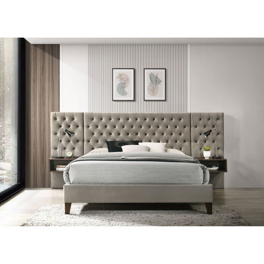 Kivora Queen Bed – Light Brown Upholstered Wall Panel Design