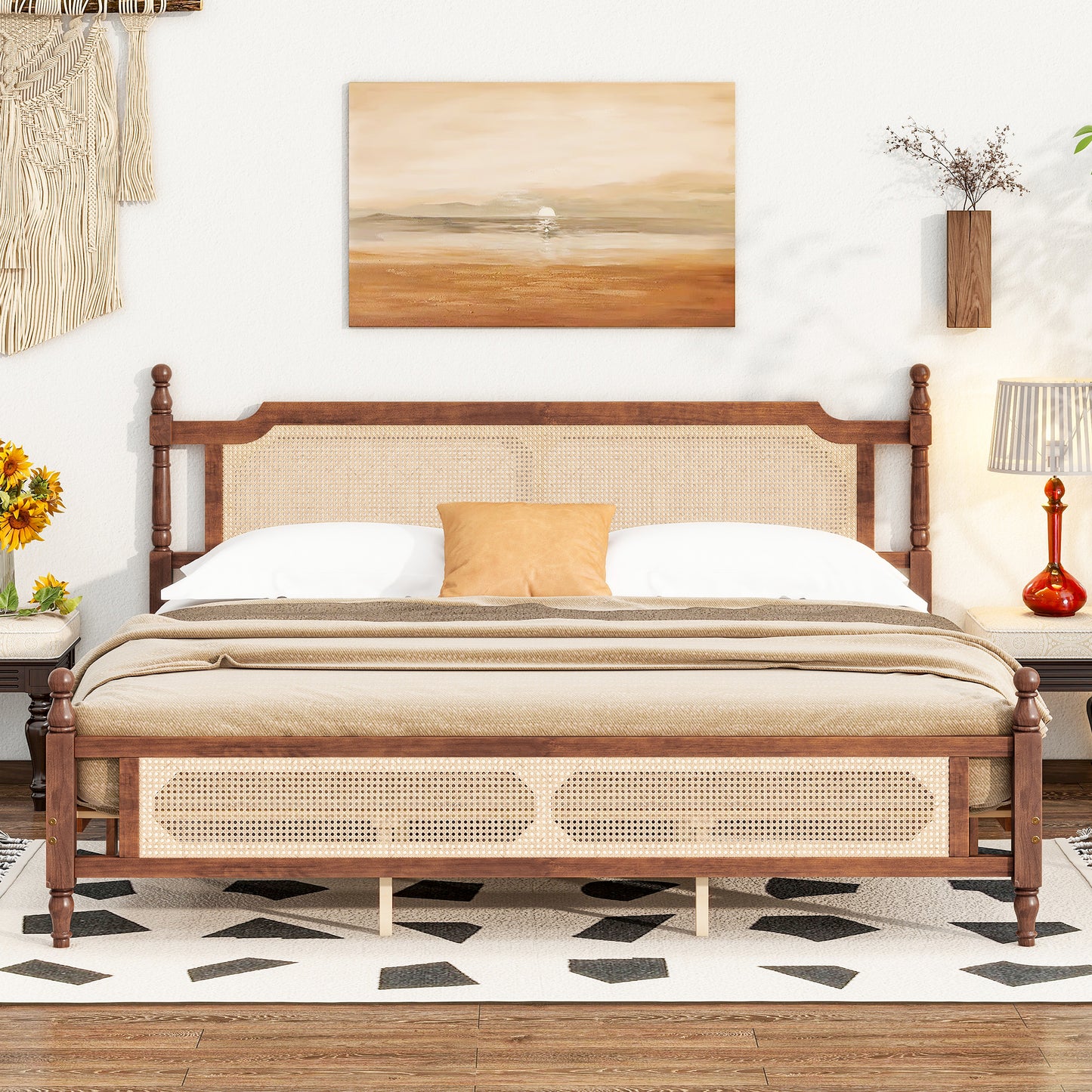 Ravella King Bed – Walnut Pine Frame with Rattan Headboard & Footboard