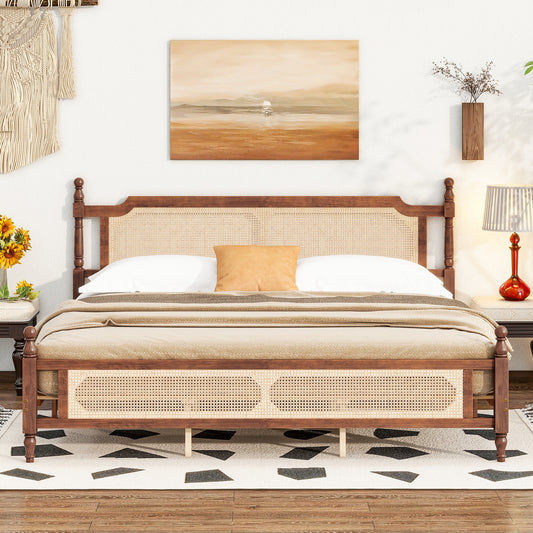 Ravella King Bed – Walnut Pine Frame with Rattan Headboard & Footboard