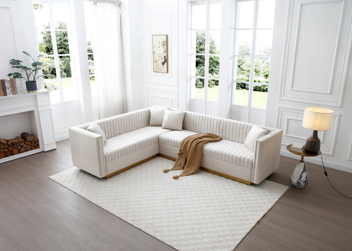 JUSTLIVE NEST® Valnara Sectional – Vertical Channel Tufted Velvet, Beige Upholstery, Modern 4-Pillow Corner Sofa