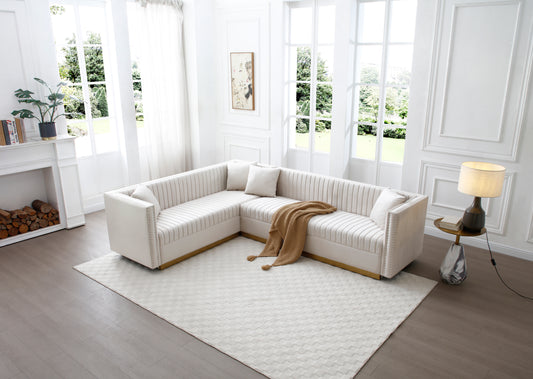 JUSTLIVE NEST® Valnara Sectional – Vertical Channel Tufted Velvet, Beige Upholstery, Modern 4-Pillow Corner Sofa
