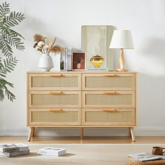 Rivo 6-Drawer Rattan Dresser – Natural Wood Chest for Entry, Hallway or Kids Room