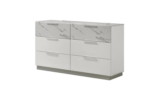 Mist Duo Dresser – Gloss Marble & Lacquer 6-Drawer Dresser with Velvet-Lined Interiors