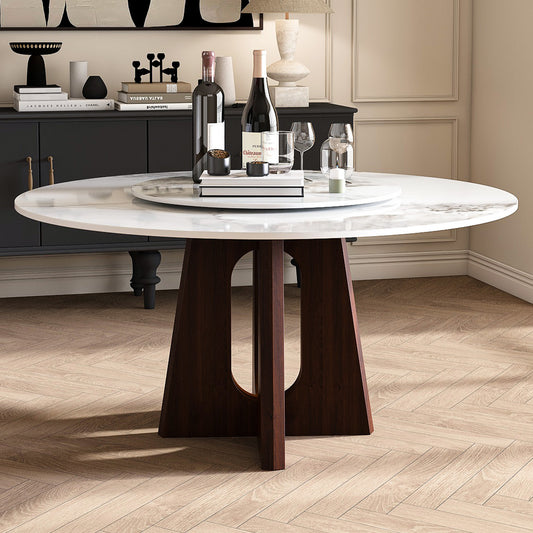 Maroa 59'' Round Dining Table – Sintered Stone Top with Walnut Cross Base (Table Only)