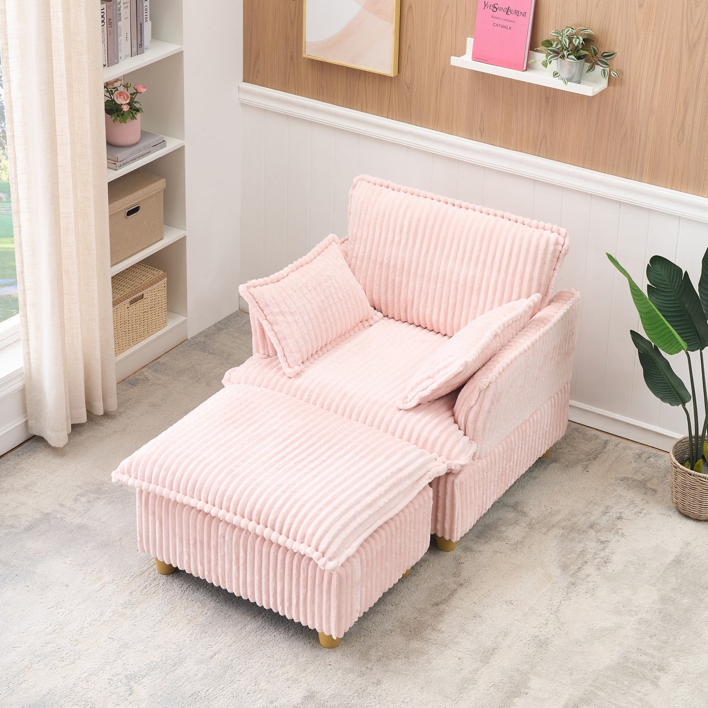 Elysian Retreat Sofa – Cozy Corduroy Single Chair with Ottoman & Pillows