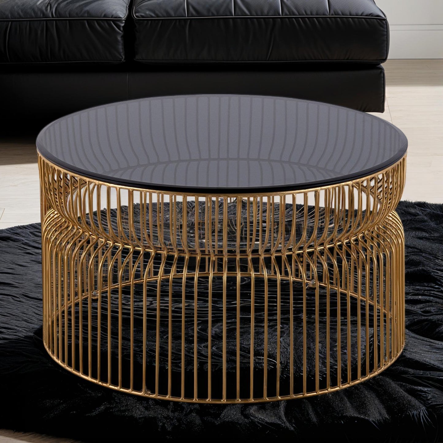 Glave Coffee Table – 30" Roundform with Gold Nested Metal and SmokeGlass Top
