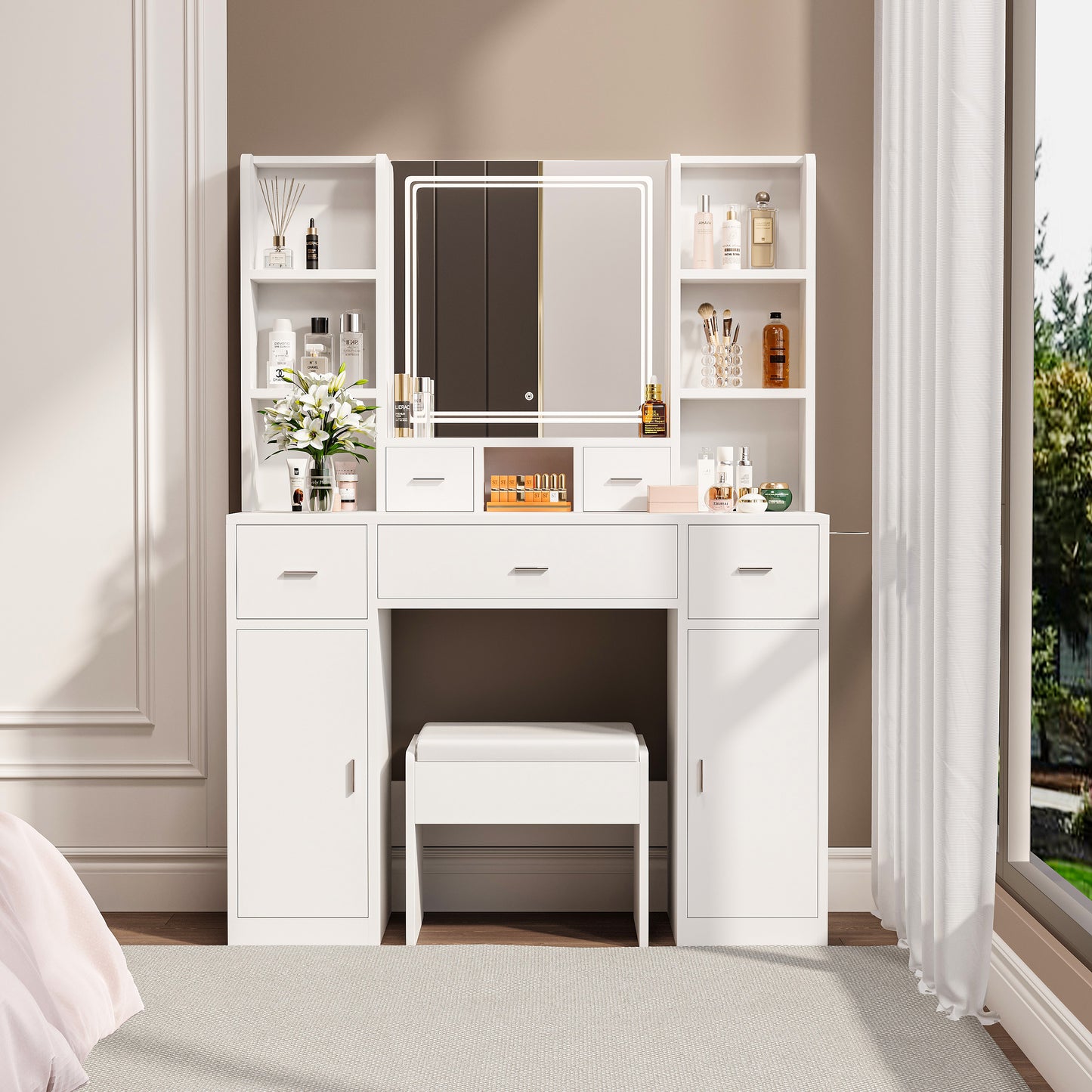 Velora Prep Suite – Bedroom Vanity with LED Mirror, Blow Dryer Mount & Dressing Pad