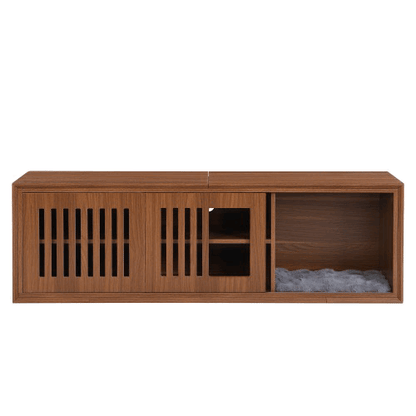 Vero Pet-Friendly TV Console – Mid-Century Walnut Stand with Soft Cushion, Sliding Door & Cat Hideout