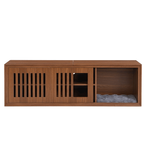 Vero Pet-Friendly TV Console – Mid-Century Walnut Stand with Soft Cushion, Sliding Door & Cat Hideout