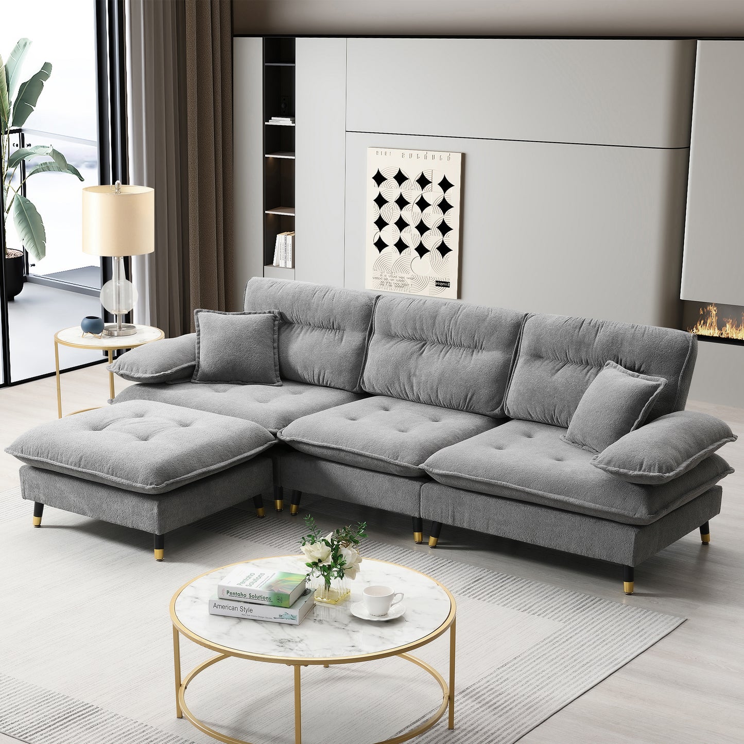 JUSTLIVE NEST® Clenro Tufted Sectional – Convertible 4-Seat Chenille Couch with Two-Tone Adjustable Legs & Ottoman (106"x66.5")